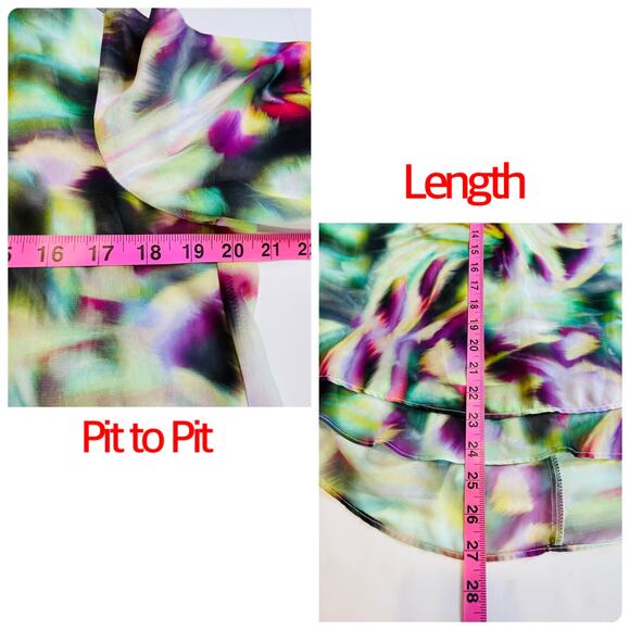 Jennifer Lopez Green Purple Psychedelic Print Layered Chiffon Bell Sleeve Top M - Picture 11 of 11